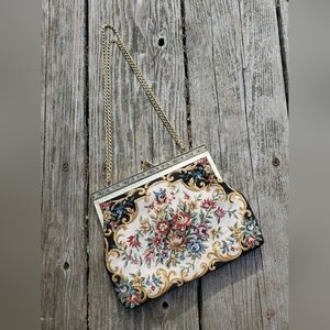 vintage tapestry mini bag • gold toned frame and chain